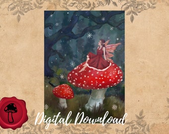 Amanita Yuletide Fairy E-Card ; Yuletide Blessings, Winter Solstice, Holiday Greetings, Fairywild Card, Cottagecore, Mushrooms, Christmas