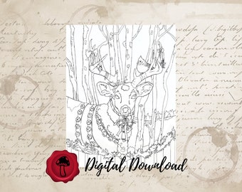 Reindeer Bells Adult Coloring Page || Reindeer, Cardinal, Yuletide Blessings, Santa, Jingle Bells, Winter Wildlife || Download & Print