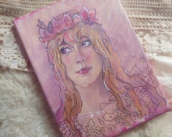 Original "Lady of Magnolia Dawn" Acrylic Painting, 9.5x7 on Stretched Canvas || Cottagecore Hobbit Art, Fantasy Flowers and Rose Gold Blush
