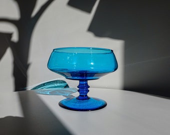 60's Peacock Blue Footed Candy Bowl - Vintage Pedestal Vessel with Controlled Bubbles - Turquoise Glass Bowl Compote