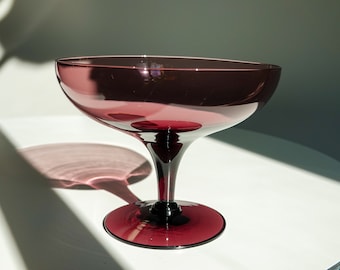 60's Glass Compote - Plum Purple Glass Footed Dish - Vintage Footed Bowl