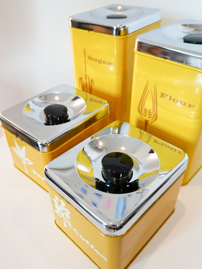 Vintage Kitchen Canisters Lemon Yellow and Burnt Orange Painted Metal Midcentury MCM Kitchen Set