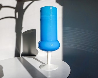 60's Opaline Glass - Tall Footed White and Blue Blown Glass Vase - Super Tall Vase - Vintage Empoli Vase