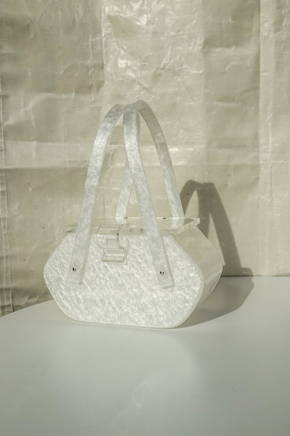 50's Pearly White Lucite Purse - Unique Shape Box… - image 1