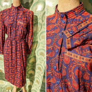 80&#39;s Paisley Shirt Dress - Vintage Navy and Red Easy Dress - Elastic Waist, High Collar Shirt Dress - by California Girl - Medium/Large