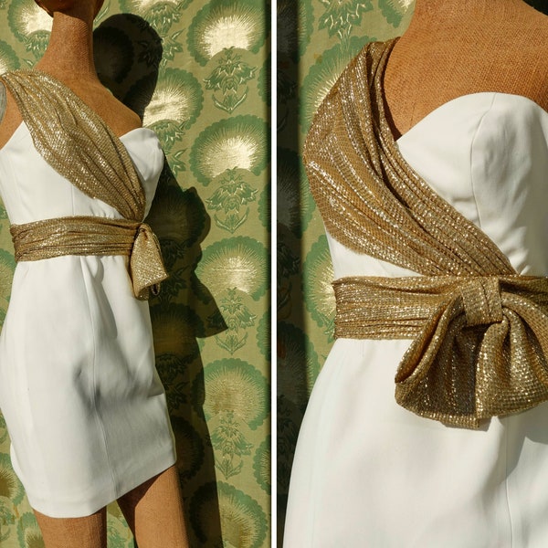 Vintage Mini Dress - White & Gold Metallic Lamé Sash - Strapless Dress - Cocktail or Evening Dress - XXS/XS