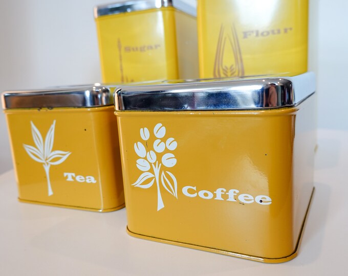 Vintage Kitchen Canisters Lemon Yellow and Burnt Orange Painted Metal Midcentury MCM Kitchen Set