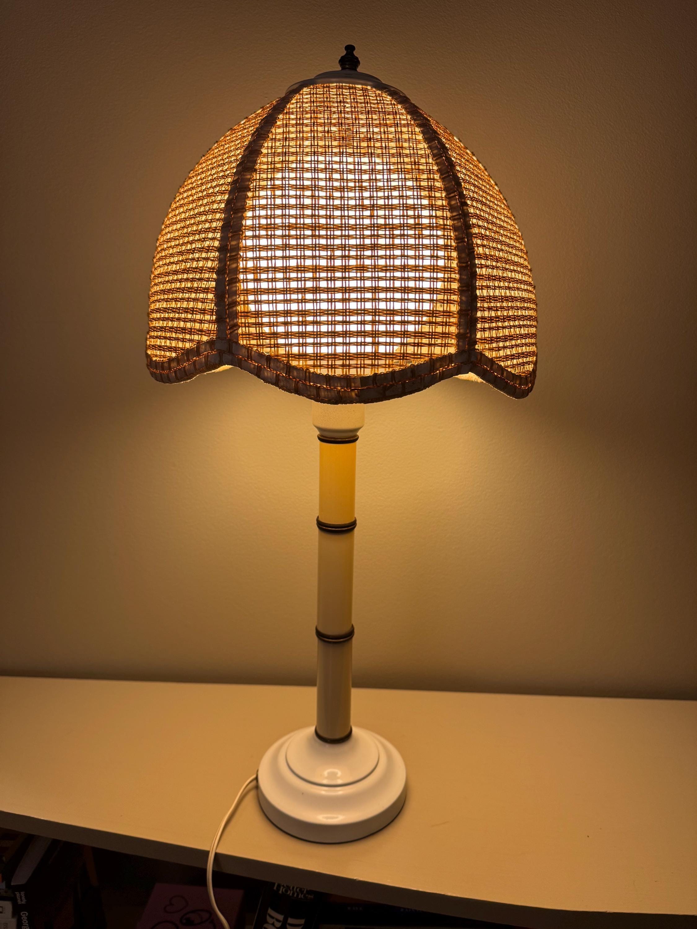 1960s - 70s Tulip Table Lamp - Wicker Caned Shade, Faux Bamboo