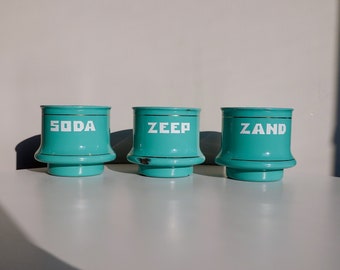 70's Dutch Enamel Cups - Zand, Zeep and Soda - Teal Vintage Enamelware Cups - Vintage Graphic Storage Cups