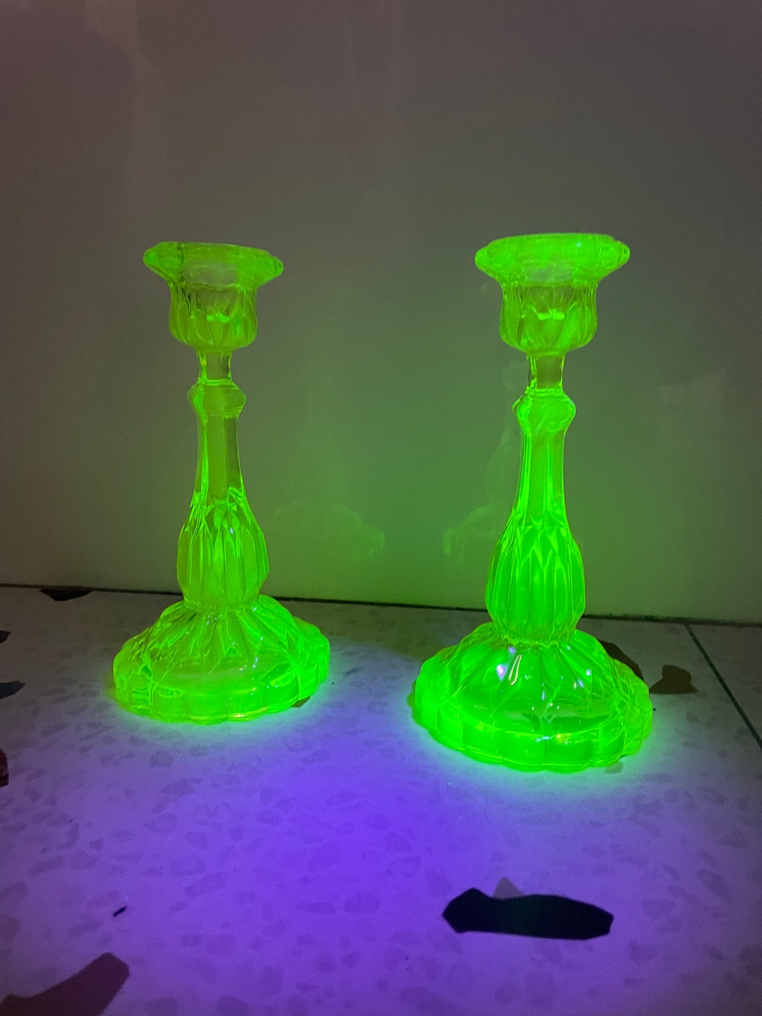 Vaseline Glass Candle Taper Holders Uranium Glass Glows in Etsy
