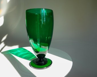 30's - 40's Art Deco Emerald Green Footed Vase - Vintage Large, Heavy Glass Vase - Vintage Pedestal Vase