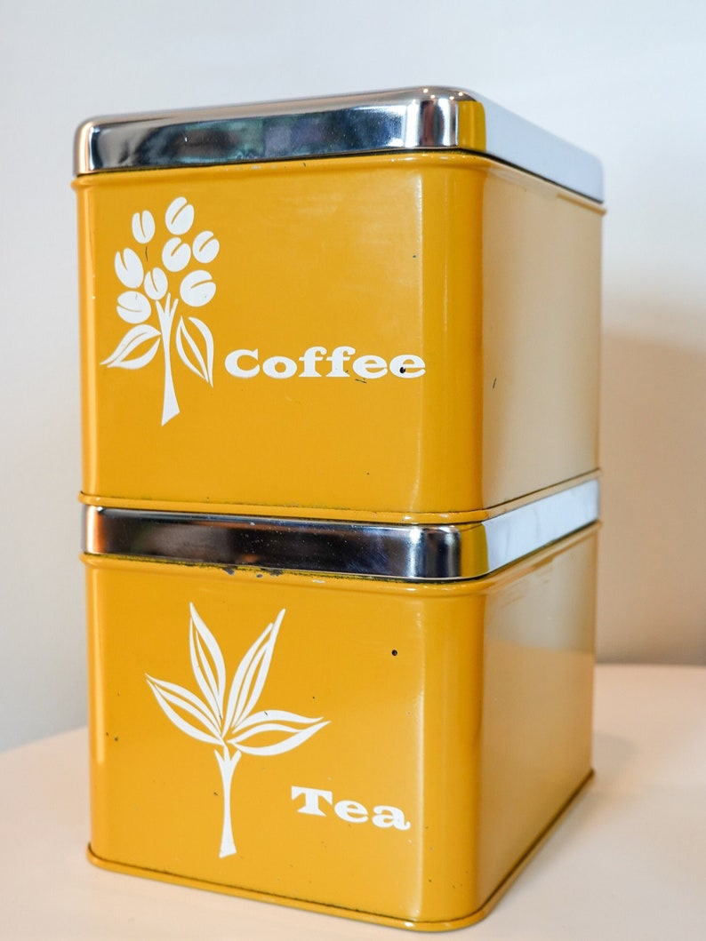 Vintage Kitchen Canisters Lemon Yellow and Burnt Orange Painted Metal Midcentury MCM Kitchen Set