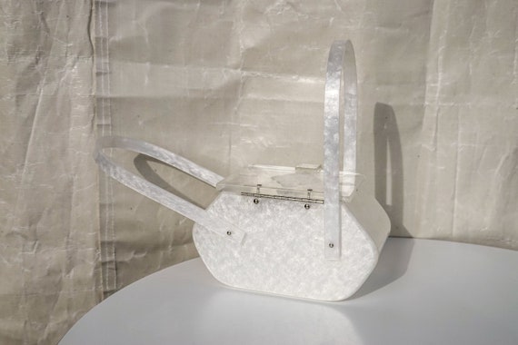 50's Pearly White Lucite Purse - Unique Shape Box… - image 3