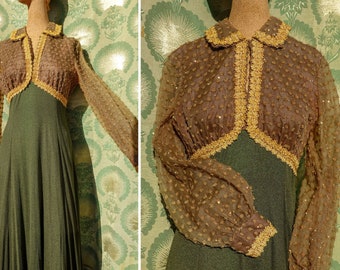 30&#39;s Long Gold & Green Dress - Sheer Balloon Sleeves - Vintage Floor Length Formal Empire Waist Dress - Rare - Small/Medium