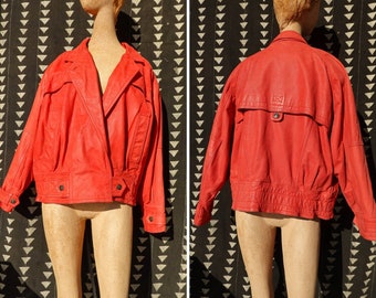 80's Leather Jacket - Dolman Sleeve Biker Jacket - Vintage Red Moto Jacket - G-III Global Identity Leather - Size Large