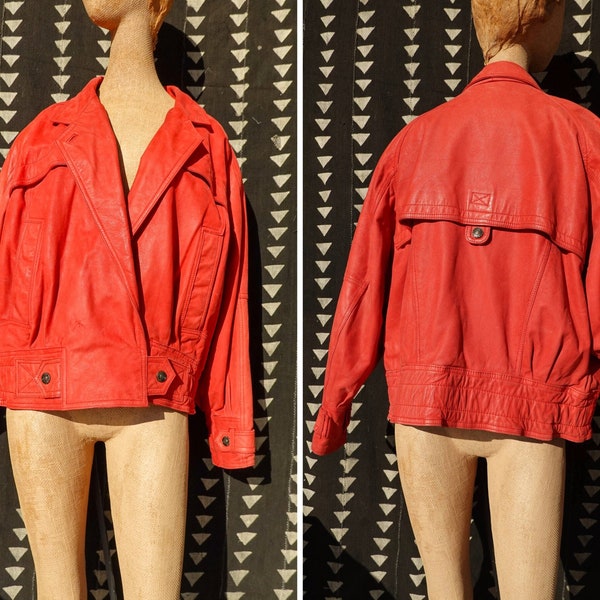 80's Leather Jacket - Dolman Sleeve Biker Jacket - Vintage Red Moto Jacket - G-III Global Identity Leather - Size Large