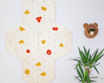 Kids Climbing Wall Set, Birch Plywood Hexagon Panels, Climbing Stones