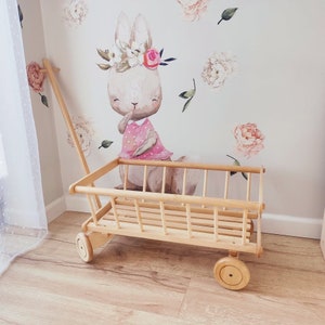 grote houten trolley, houten montessorispeelgoed, houten handkar voor kinderen, houten poppenwagen, grote houten trolley, houten ecospeelgoed, houten wagen