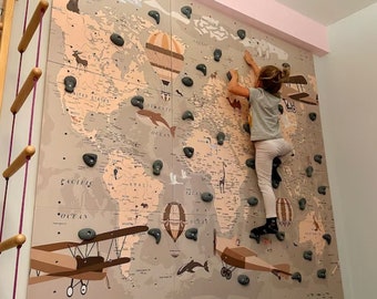 World map climbing wall for kids, custom climbing wall, wooden wall for kids with climbing stones, painted climbing wall, kletterwand