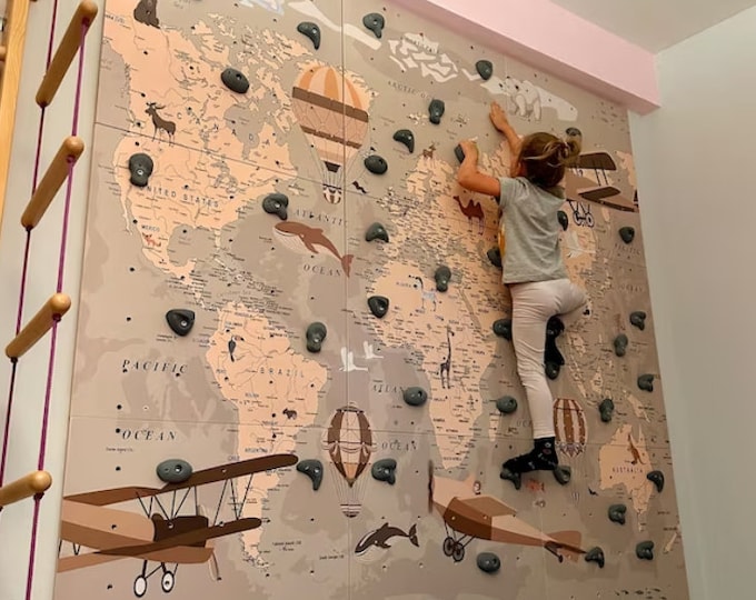 World map climbing wall for kids with custom rocks color made of birch plywood