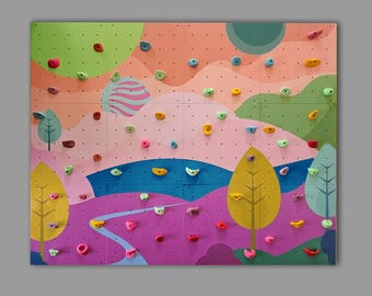 Muro de escalada interior lleno de color con rocas de colores personalizados, hecho de madera contrachapada de abedul.