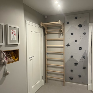 All grey climbing wall for kids, mountain climbing wall, wooden wall for kids with climbing stones, painted climbing wall, kletterwand