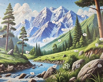 Muro de escalada con paisaje de montaña, pared de roca de madera para niños