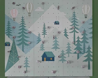 Muro de escalada Forest Village con colores personalizados de rocas, fabricado en contrachapado de abedul.