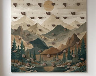 Muro de escalada modular con paisaje de montaña – Panorama de naturaleza en tonos pastel