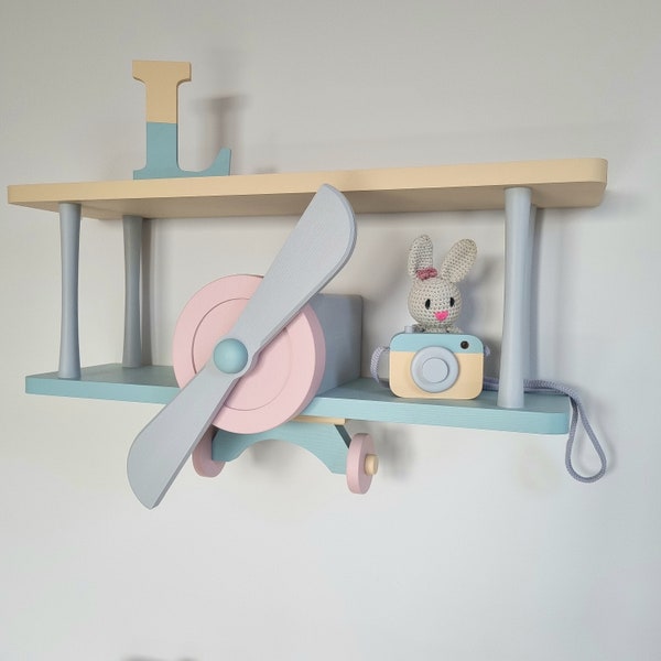 XXL plane shelf, kidsroom decoration, book shelf, toys shelf, airplane shelf for kids, wooden plane shelf with letter, baloon, montessori