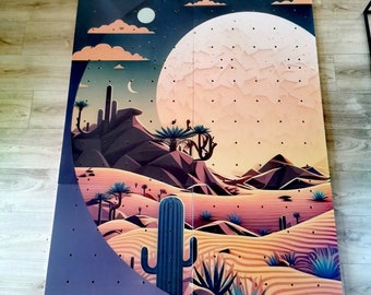 Muro de escalada infantil con temática del desierto, fabricado en madera contrachapada de abedul y piedras pintadas.