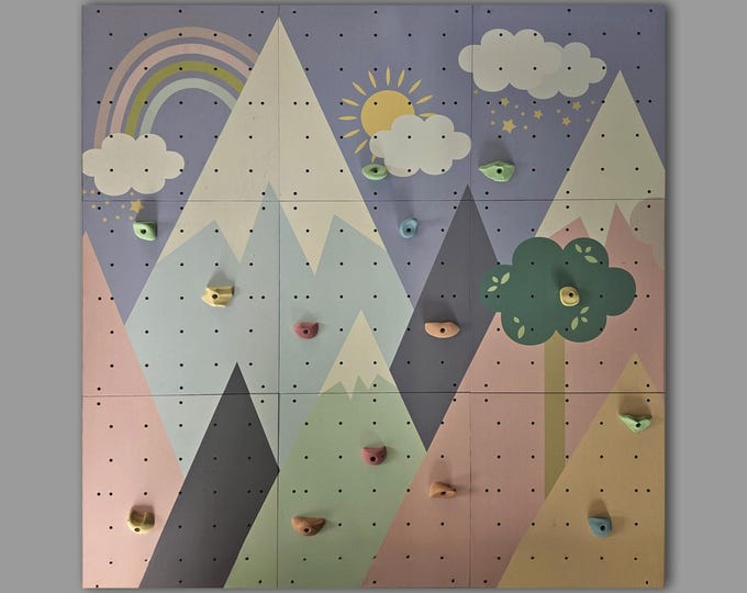 Multicolor climbing wall for kids with colorful pattern made of birch plywood