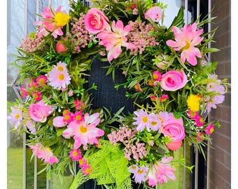 Handcrafted Pink Spring Floral Wreath – Easter Door Décor, Artificial Flowers