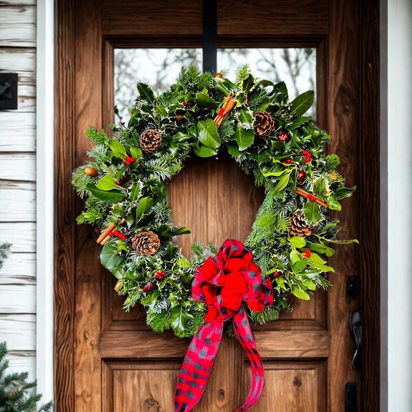 Woodland Spruce & Holly Christmas Wreath: Natural Pine Cones Door Decor