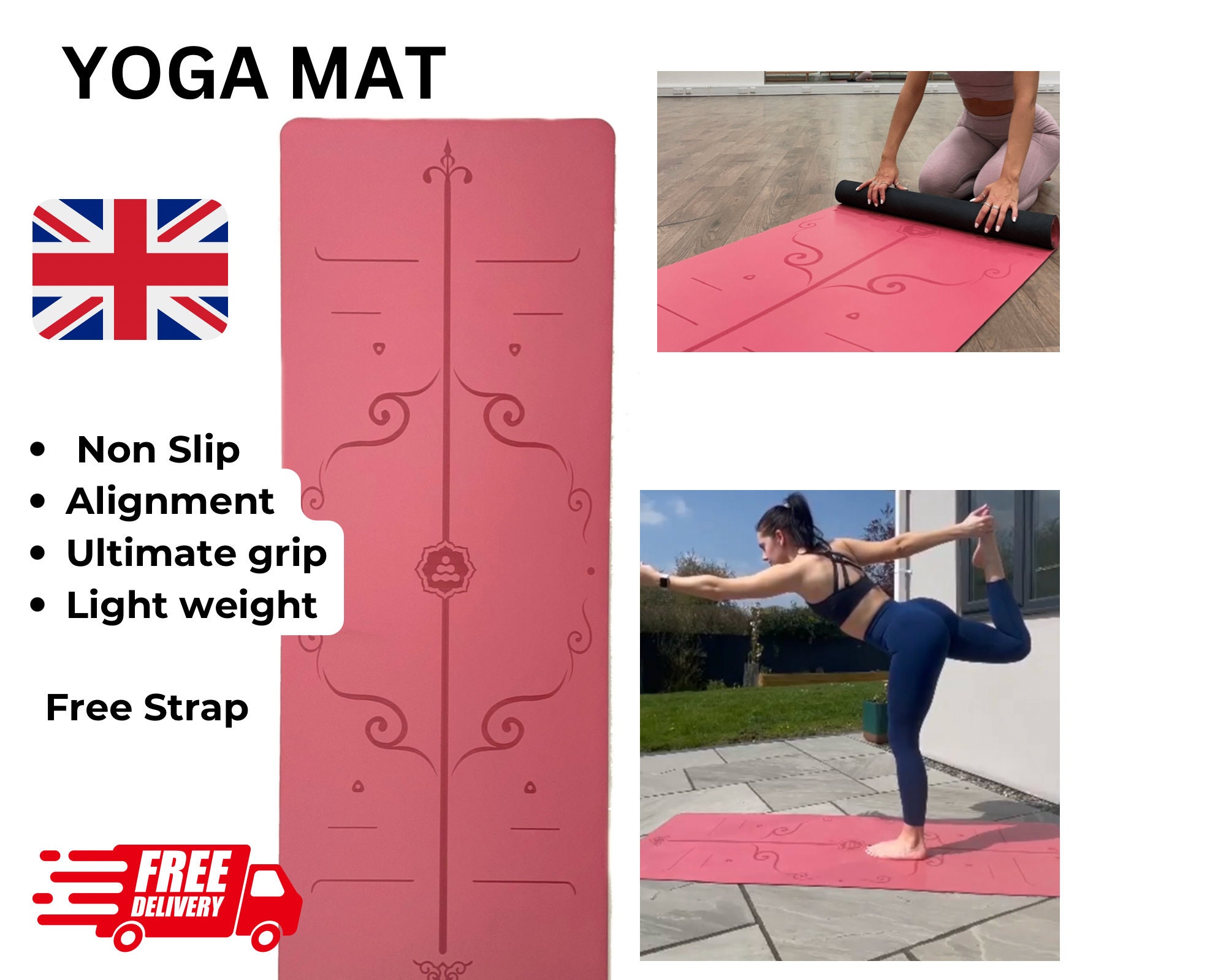 My Calm Yoga Mat Lightweight Yoga Mat Pilates, Exercise Fitness, Hot Yoga  Non Slip With Alignment Lines 185cm X 86cm X 4.2mm Pink 