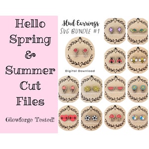 Könnte beinhalten: Ein digitaler Download von 12 SVG-Dateien für Ohrstecker. Die Designs umfassen eine Vielzahl von Frühlings- und Sommerthemen, wie z. B. Eiswaffeln, Wassermelonenstücke und Sonnenblumen. Der Text "Stud Earrings SVG Bundle #1" und "Digitaler Download" ist ebenfalls im Bild enthalten.