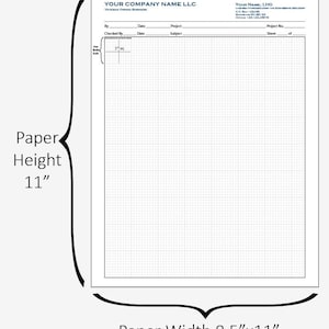 May include: A blank grid paper sheet with a 1-inch grid, measuring 8.5 inches by 11 inches. The paper has a header with the text "YOUR COMPANY NAME LLC" and "VETERAN OWNED BUSINESS". There are fields for "By", "Date", "Project", "Checked By", "Date", and "Subject". The bottom right corner has the text "YOUR NAME, LHG" with contact information and the text "Project No.", "Sheet", and "of".