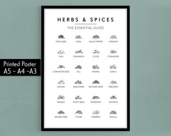 Herbs and Spices Guide Poster Print A4/A3/A2, Kitchen Herb Print, Essential Kitchen Poster, Cooking Guide, Gift for Chef,  Kitchen Wall Art