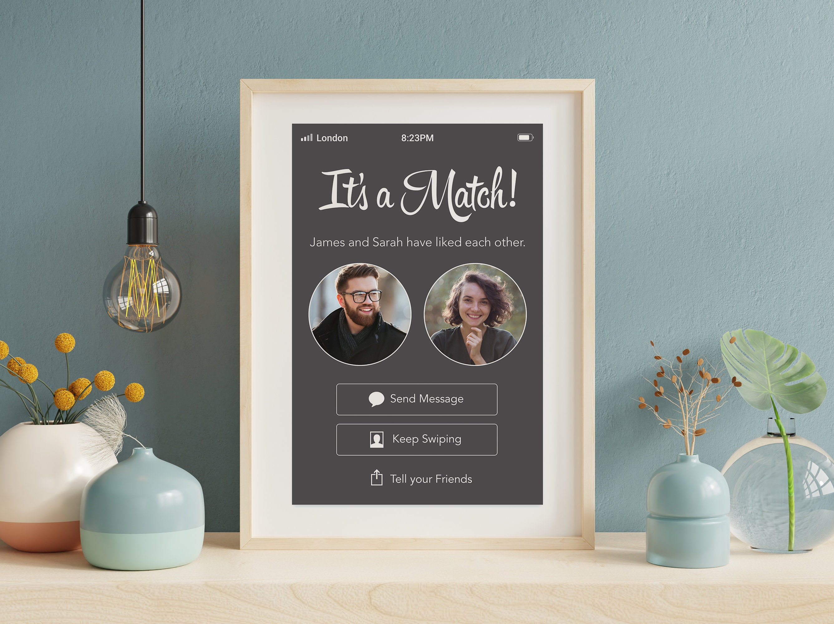 Personalised dating app match with photos print, anniversary gifts for boyfriend, Couples gift, online dating app, valentines gifts for him