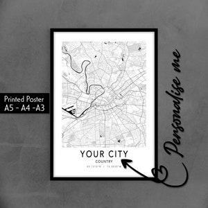 Póster de mapa de ciudad personalizado, regalo personalizado para decoración del hogar, arte de pared minimalista para cualquier ciudad, pueblo o ubicación, póster con impresión de mapa de ciudad personalizado