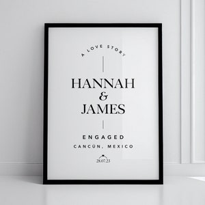 Personalised engagement date and location print, ideal for couples who just got engaged, engagement gift, couple gift, gift for fiancé