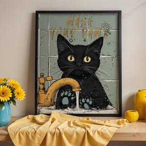 Lave suas patas ilustração pôster decoração de banheiro impressão gato preto pôster vintage arte de parede para banheiro banheiro e presente de inauguração de casa