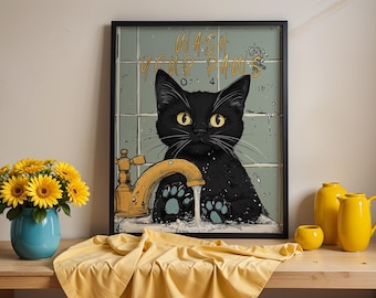 Póster con ilustración de "Lávate las patas", decoración para baño, póster de gato negro, arte de pared vintage para baño y regalo de inauguración de la casa.