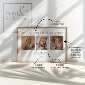 Può includere: Un download digitale stampabile per un collage fotografico personalizzato con il testo "Nonna & Nonno" e "Ti amo". Il collage include tre spazi per foto di bambini e spazio per nomi, un messaggio e un messaggio personalizzato dal bambino.