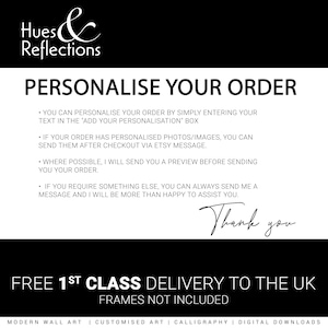 May include: A white card with black text that reads "Personalise Your Order". The card lists instructions for personalising an order, including adding text, photos, or images. The card also states that the order includes free first class delivery to the UK. The card also states that frames are not included.