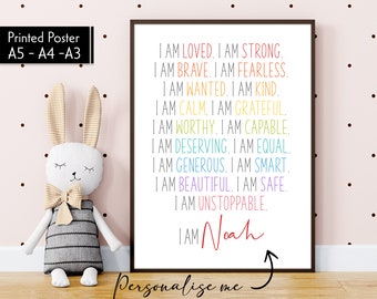 Kids Affirmation Printable Art: I Am Loved, Strong, Brave, Fearless, Beautiful - Personalised Word Art, Nursery Decor, Positive Affirmation