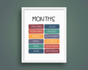 Stampa dei mesi dell'anno, decorazione murale Montessori, decorazione arcobaleno per l'aula, poster educativo, stampa per la stanza dei giochi dell'asilo nido, regalo per insegnanti di homeschooling