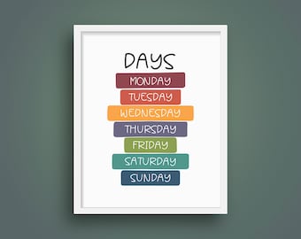 Days of the Week Print, Montessori Education Poster, Nursery Wall Art, Kids learning, Homeschool Resource, Learning Print, Children's Print