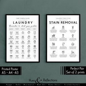 Set of 2 - Laundry Symbols Guide and Stain Removal - Cheat Sheet Instructions for Laundry Care Symbol Guide Print - Laundry Room Decor