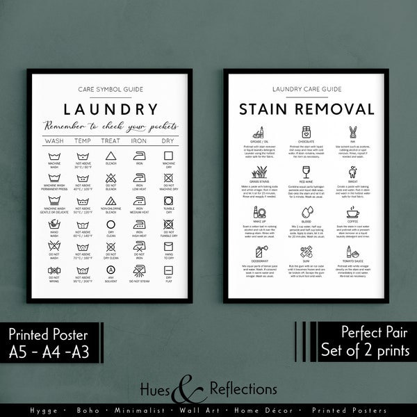 Set of 2 - Laundry Symbols Guide and Stain Removal - Cheat Sheet Instructions for Laundry Care Symbol Guide Print - Laundry Room Decor